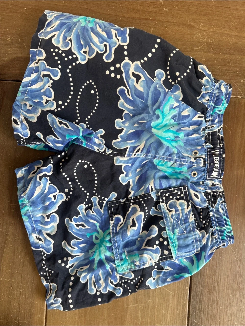 Vilebrequin Navy Swim Trunks with Aqua and Teal Floral Print